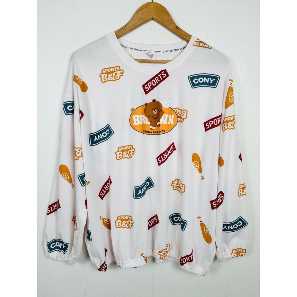 Line Friends‎ Brown Bear Large Volleyball Shirt White with Colorful Logos- READ